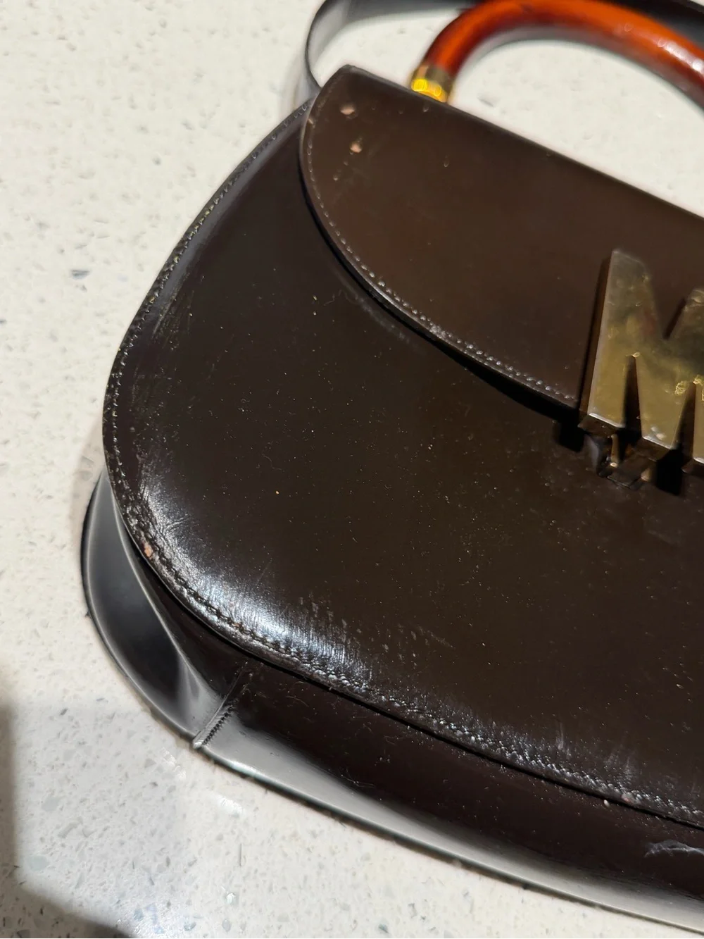 Moschino Brown Leather Top-Handle Bag with Wood Accent PROJECT